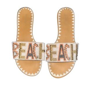 Top Moda Beaded Slide Sandals “BEACH” – Boho Summer Flats – Size 9